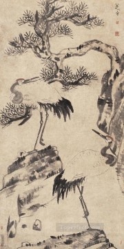  antigua Pintura - pino y grullas tinta china antigua